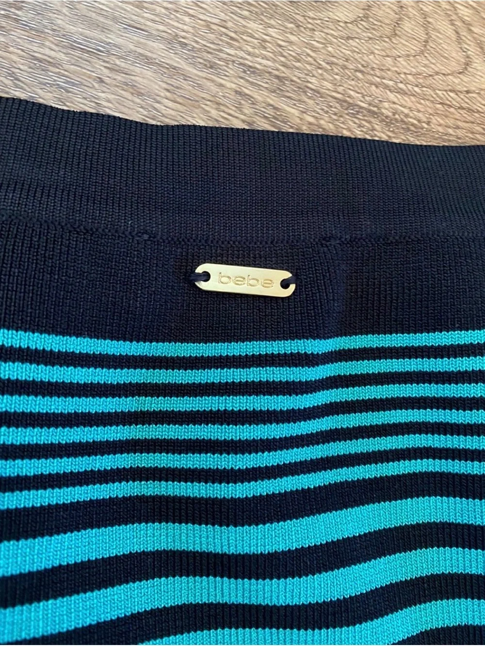 bebe Black and Teal Striped Knit Midi Skirt